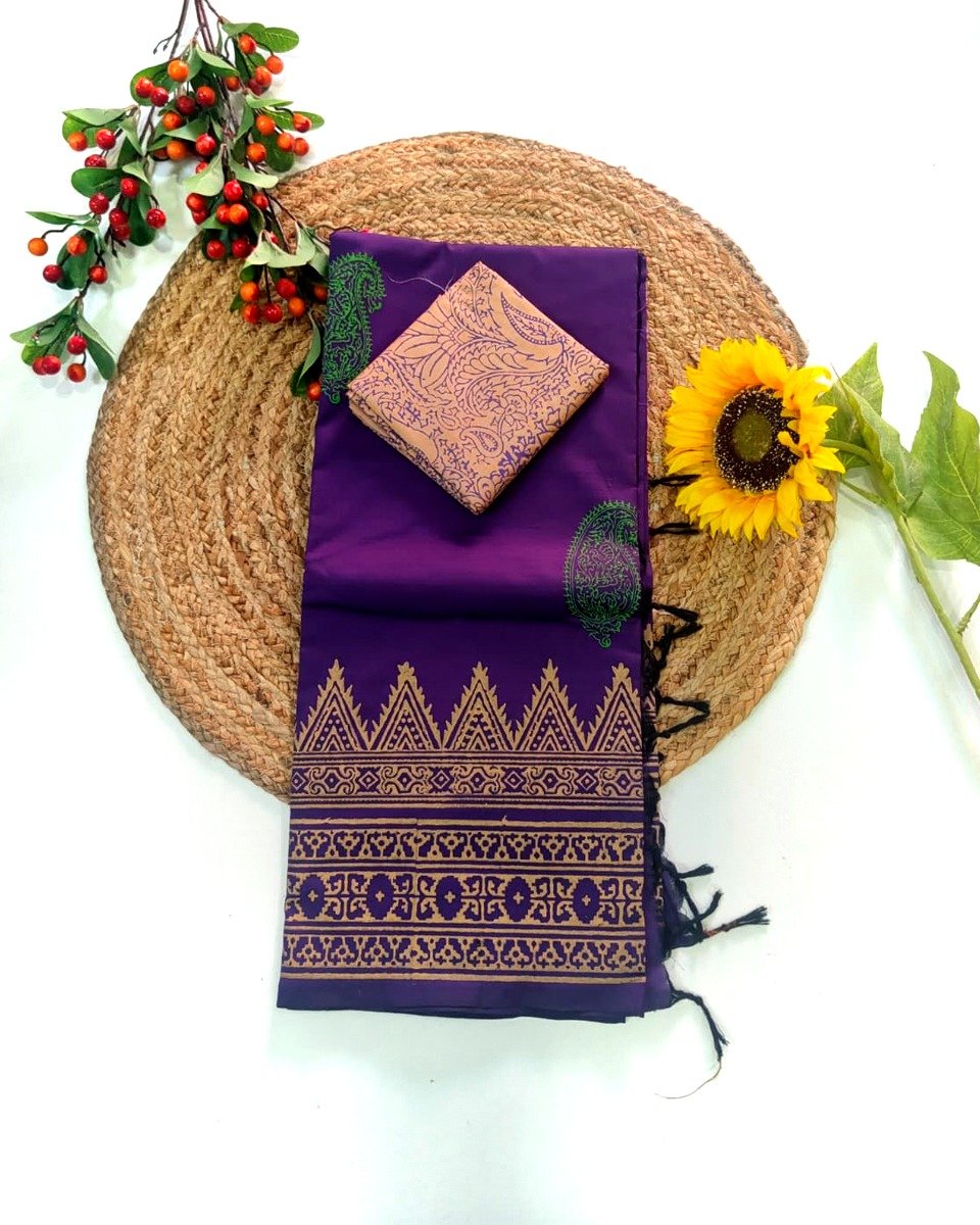 Printed Pure Cotton Saree Dark Purple