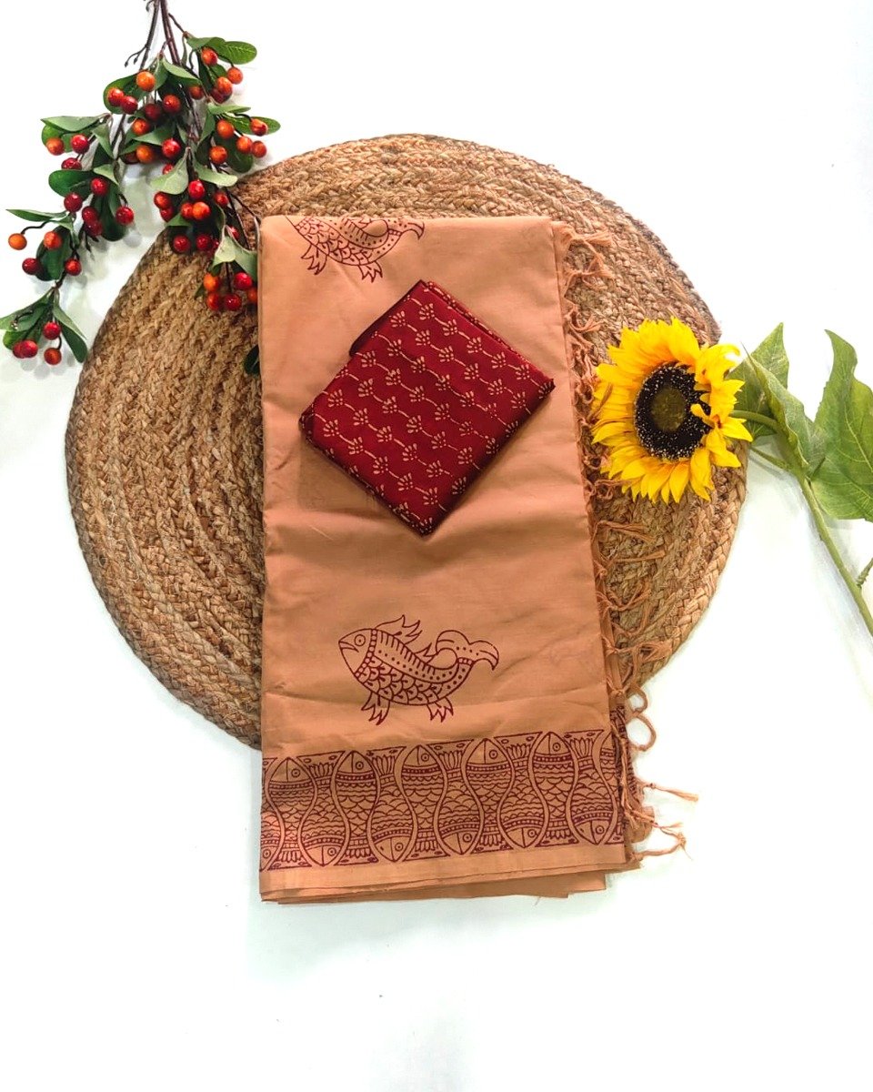 Printed Pure Cotton Saree Sandle Fish Printing