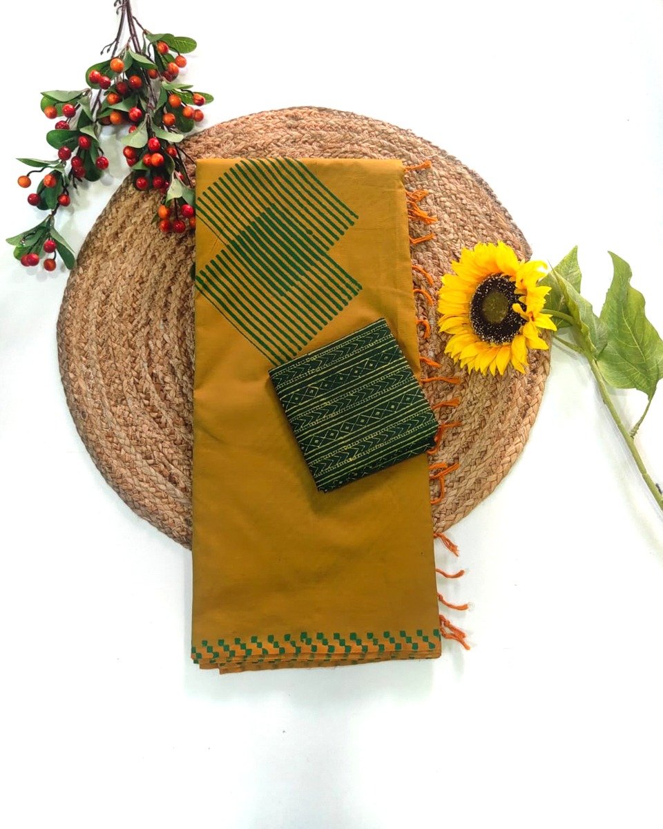 Printed Pure Cotton Saree Dark Yellow