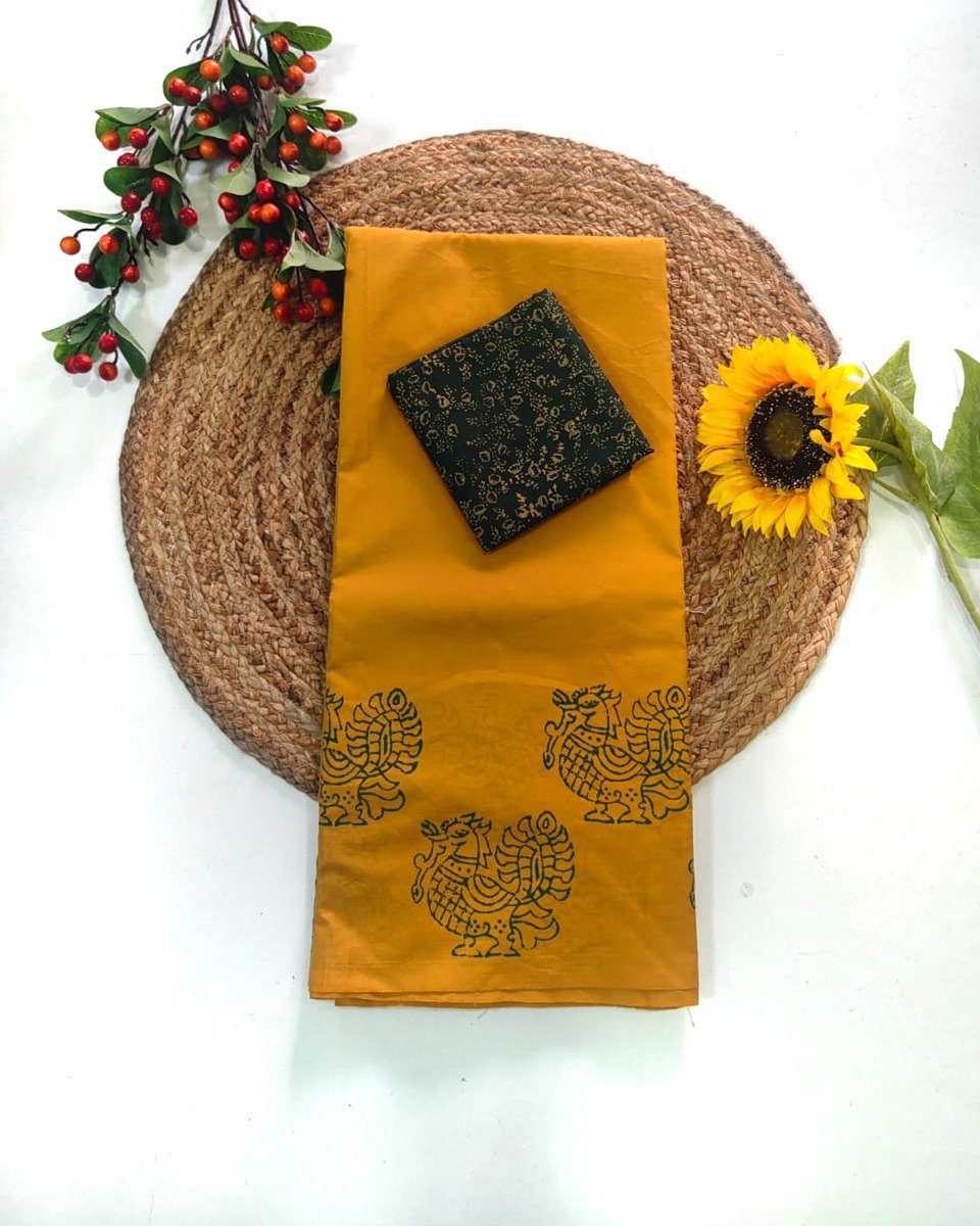 Printed Pure Cotton Saree Light Yellow