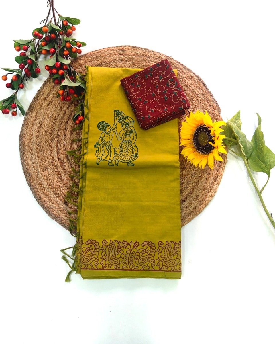 Printed Pure Cotton Saree Yellowish Brown
