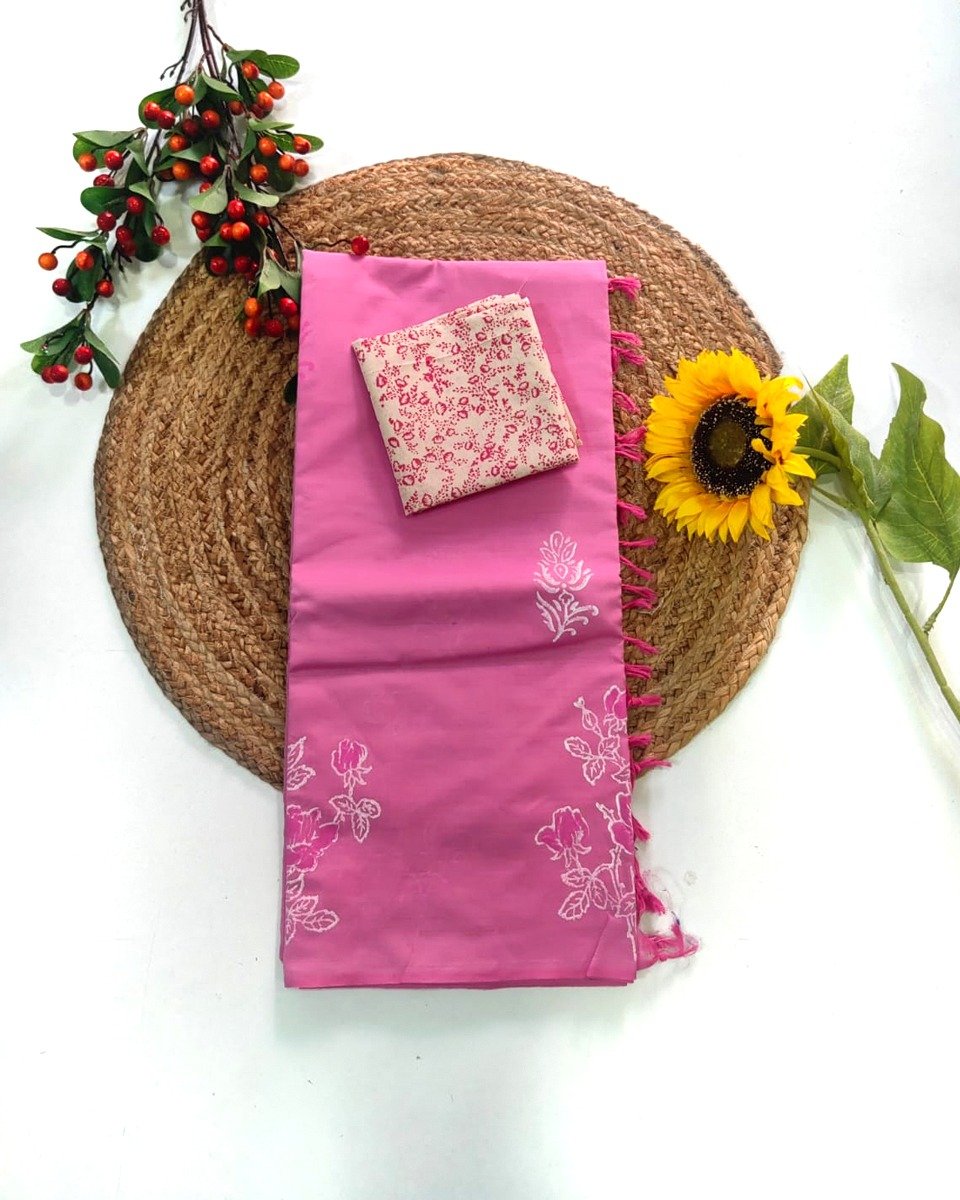 Printed Pure Cotton Saree Pink